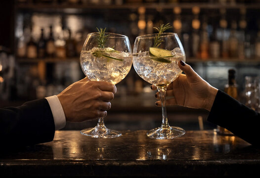 Elegant couple toasting with refreshing gin and tonic cocktails garnished with lime and rosemary at a stylish bar