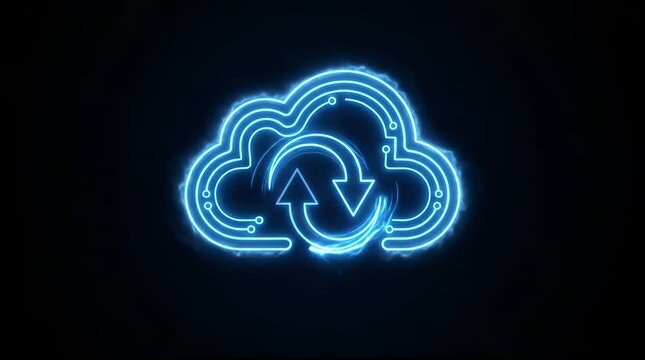 Blue glowing cloud icon with data synchronization arrows
