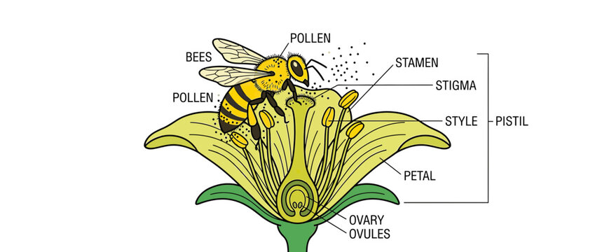 Diagram of bee pollinating flower, labeled parts