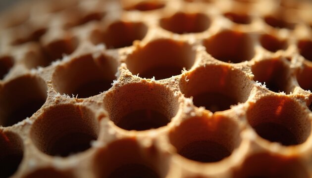 Macro shot of brown wooden honeycomb surface with many hexagonal holes. Natural material features geometric pattern, organic texture. Detail view displays small particles on edge of tubes. Industrial