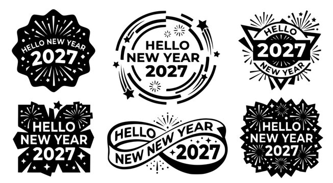 Six decorative black and white badges celebrating hello new year 2027 with firework motifs and star elements for festive holiday branding and social media seasonal promotions