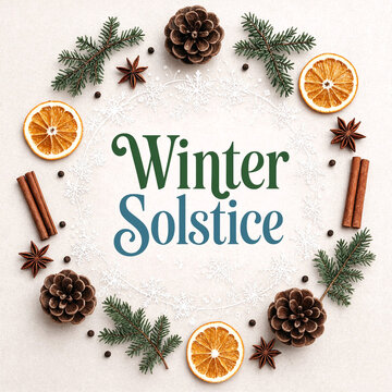 Festive winter solstice celebration with pinecones oranges and spices arranged beautifully in a circle