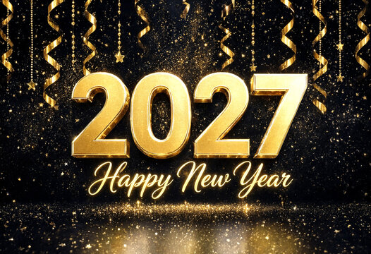 Golden glittery happy new year 2027 celebration with shiny decorations and festive background design