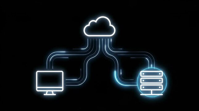 Blue neon cloud computing and server connection