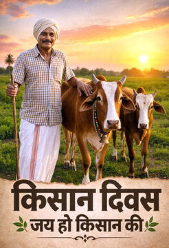 Happy farmer standing with cows in a lush green field during golden sunset time