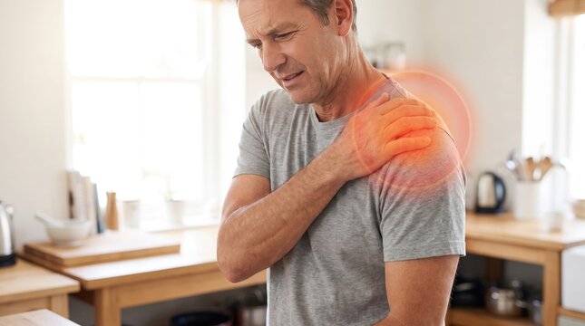 Middle-Aged Man Suffering Shoulder Pain in Kitchen, Cuff Injury and Joint Health Concept