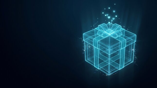 Glowing digital wireframe wrapped present gift box futuristic cyberpunk holiday celebration concept illustration with celebration wireframe hologram cyberpunk