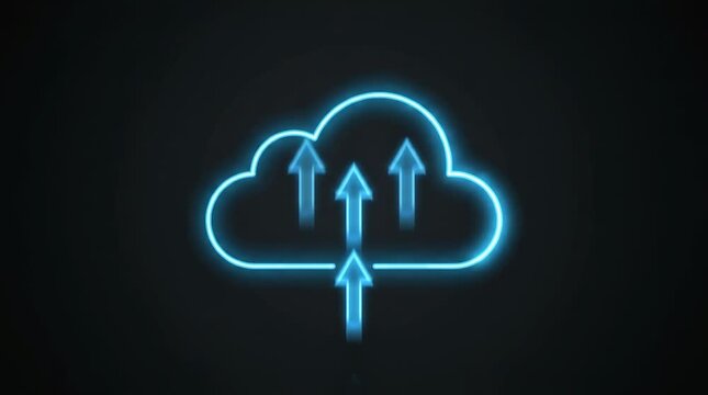 Blue neon cloud icon with upward moving arrows