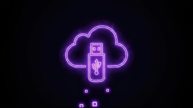 Neon flash drive and cloud icon with data transfer animation