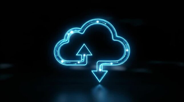 Glowing blue cloud icon with upload and download arrows
