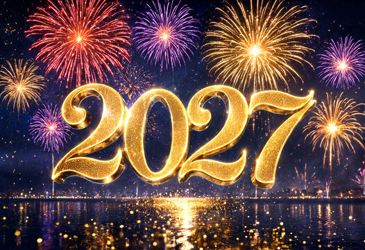 Spectacular golden 2027 number with vibrant fireworks exploding over water reflection celebration scene