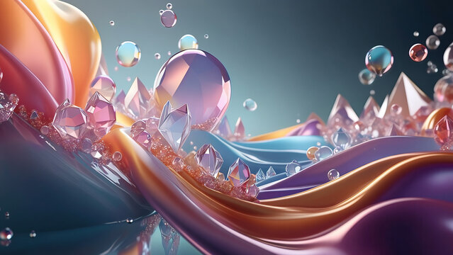 Abstract fluid waves with pink crystal clusters and floating glass spheres on a dark background with copy space