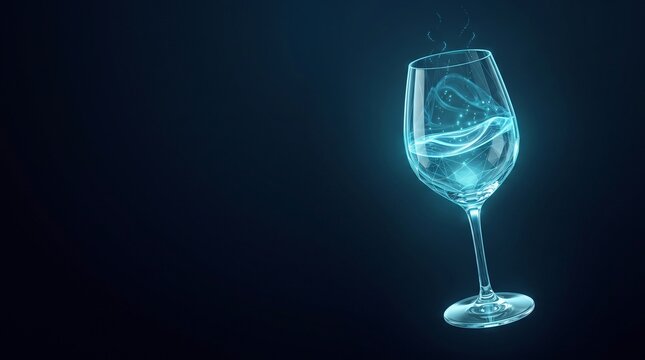 Futuristic holographic wine glass illustration glowing blue digital wireframe particle effect against dark background with sci fi hologram futuristic wireframe
