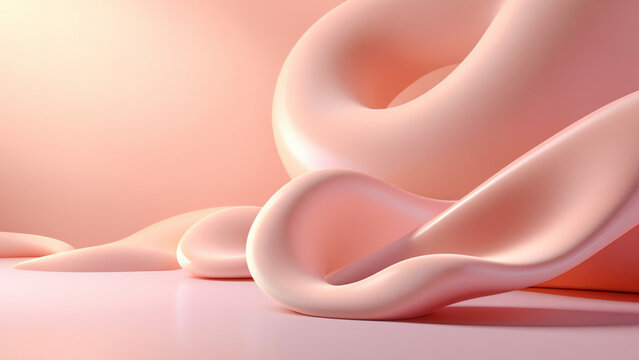 Abstract soft pink fluid waves on a pastel nude background with large copy space for cosmetics display