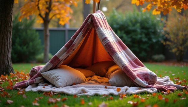 Homemade blanket fort stands on green lawn in backyard during autumn season. Red plaid cover creates cozy tent with pillows inside. Orange leaves fall on grass ground. Kids play house in nature