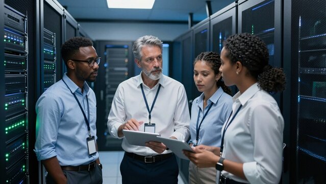 A professional IT support team discusses server maintenance while standing between rows of glowing data servers.