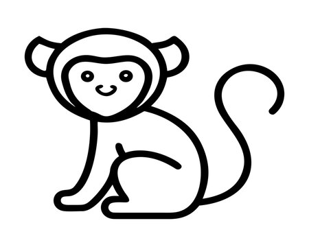 Black monkey silhouette sitting with curled tail on white background for playful design