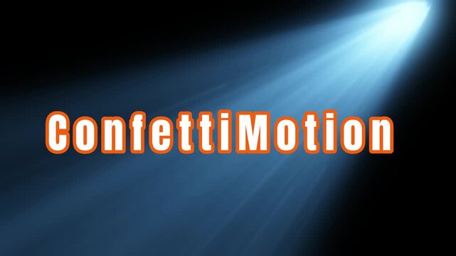 ConfettiMotion text graphic illuminated by a bright blue diagonal spotlight beam against a dark background.