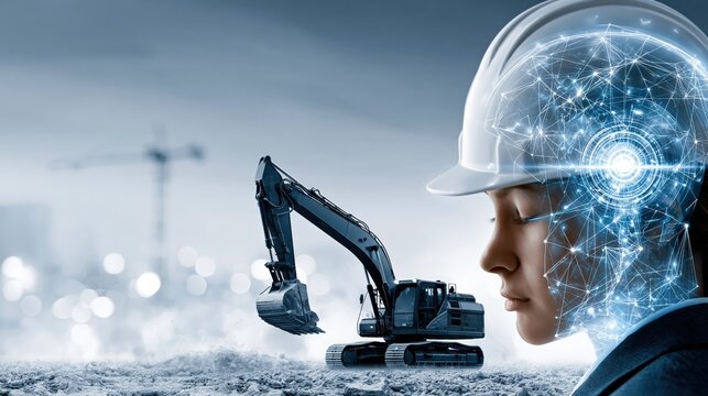 Construction worker with AI interface, digital brain, hard hat, excavator and construction site. ..Created with Generative AI, not depicting real subjects.