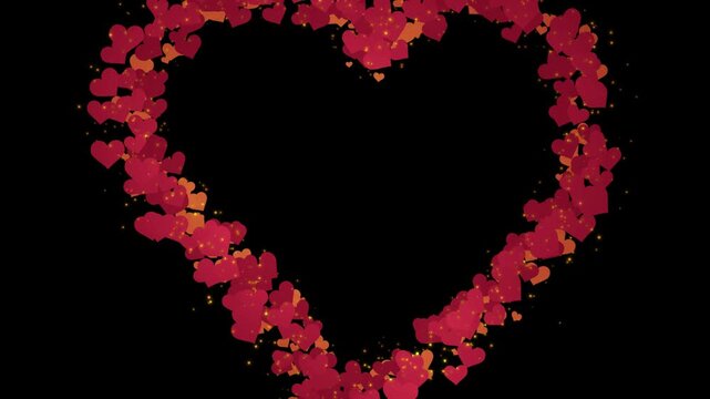 Heart shaped frame composed of tiny red and pink heart particles creates a romantic border on a solid black background.