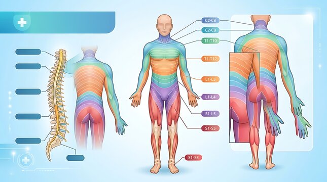 Medical Infographic Showing Dermatome Nerve Map and Spinal Cord Anatomy