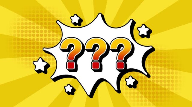Question mark text word lettering popup comic cartoon reveal with bomb and smoke explosion manga anime book page dots with radial speed lines doodle yellow background with seamless loop animation