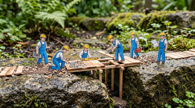 Construction workers build a small wooden bridge over a rocky stream in a lush natural environment.