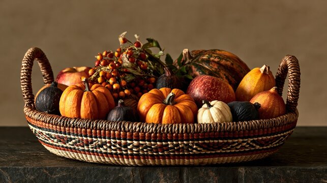 Autumn harvest bounty in woven basket with warm diffused light and soft focus