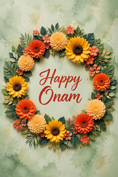Beautiful floral wreath greeting card design for happy onam celebration showing a traditional south indian festival in kerala with bright orange sunflowers