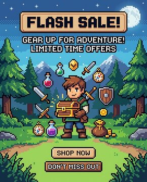 Pixel art fantasy hero with treasure chest for game shop flash sale