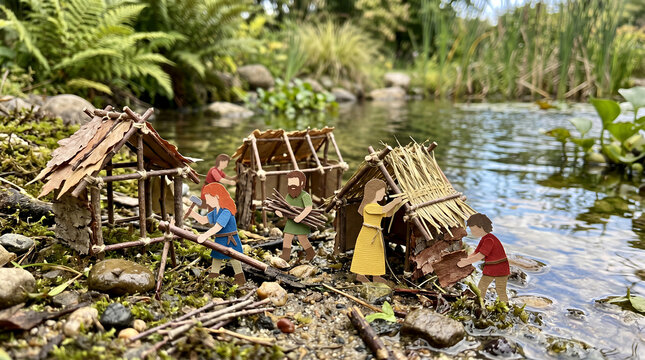 Primitive villagers are constructing traditional huts by a tranquil pond in a lush natural environment.