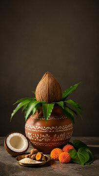 Traditional painted earthen pot decorated with fresh coconut and green mango leaves for happy onam an auspicious south indian festival in kerala
