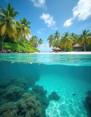 Obraz premium Split view of tropical beach with palm trees, bungalows above water. Clear blue ocean surface shows coral reef, aquatic life below waterline. Summer island scenery with bright sunny sky. Paradise