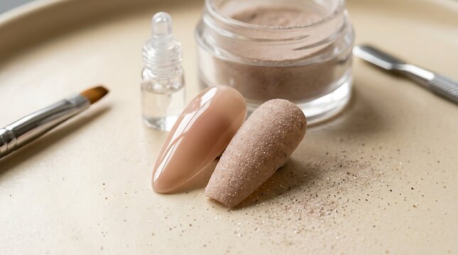 Nude nail art tips with acrylic powder and brush on a tray. gel vs dip nails