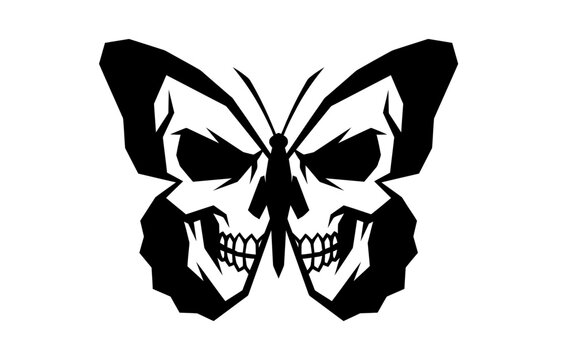 Black and white illustration of a butterfly shaped like a skull