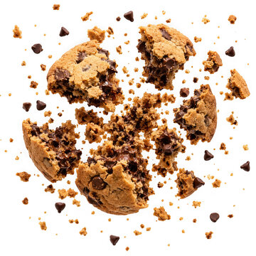 Exploding chocolate chip cookies with crumbs and chocolate morsels isolated on transparent background