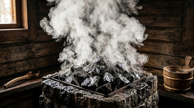 Steaming Hot Stones in Traditional Wooden Sauna Interior