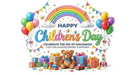 Naklejka premium Happy Childrens Day greeting card with rainbow balloons and teddy bear gift background