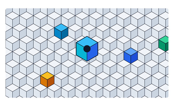 Abstract isometric background with colorful cubes and a central focal point isolated on transparent background