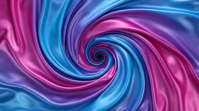 Abstract hypnotic spiral vortex of flowing blue and pink glossy silk fabric satin waves looping motion background.