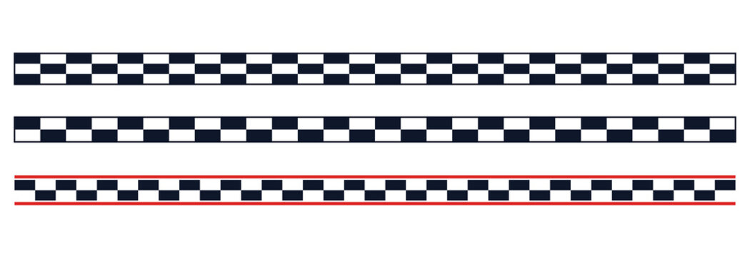 Set of checkered pattern borders and racing stripes isolated on transparent background