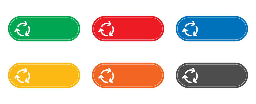 Set of colorful horizontal buttons with refresh or reload circular arrow icons isolated on transparent background
