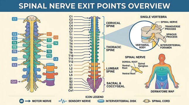 Spinal Nerve Exit Points and Human Vertebral Column Anatomy Infographic