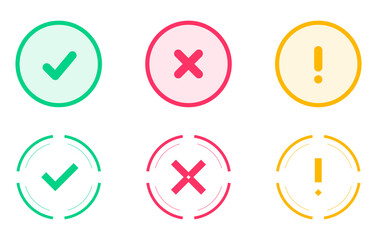 Set of six round icons with check mark, cross mark, and exclamation mark isolated on transparent background © NURJAHAN
