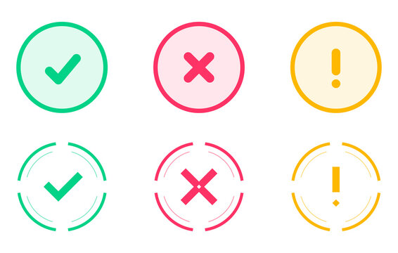 Set of six round icons with check mark, cross mark, and exclamation mark isolated on transparent background