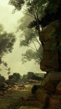 Gentle mist envelops a serene forest path as sunlight filters through tall trees. A rugged rock formation stands nearby, creating a peaceful scene of natures beauty.