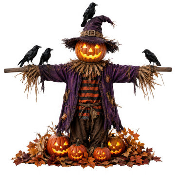 Halloween scarecrow with pumpkin head and crows, isolated on transparent background