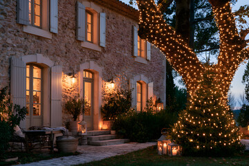Fototapeta premium Charming Provençal Farmhouse Exterior Decorated with Festive Lights for a Cozy Night Setting