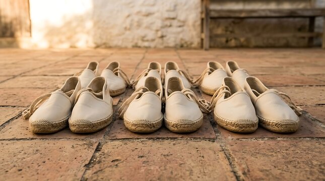 Row of Traditional Linen Espadrilles on Rustic Stone Patio