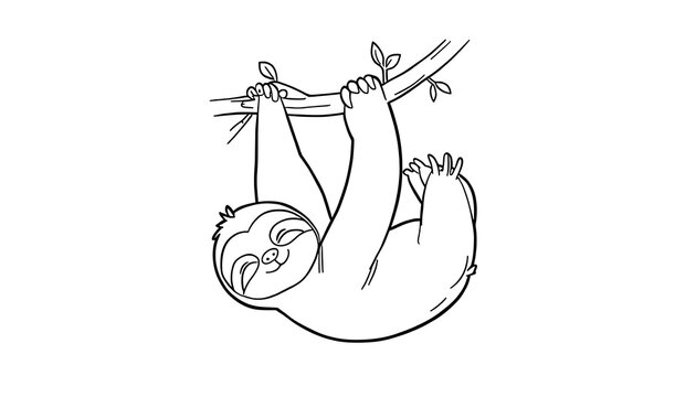 Cute baby sloth hanging from a branch line art illustration for coloring book page design.
